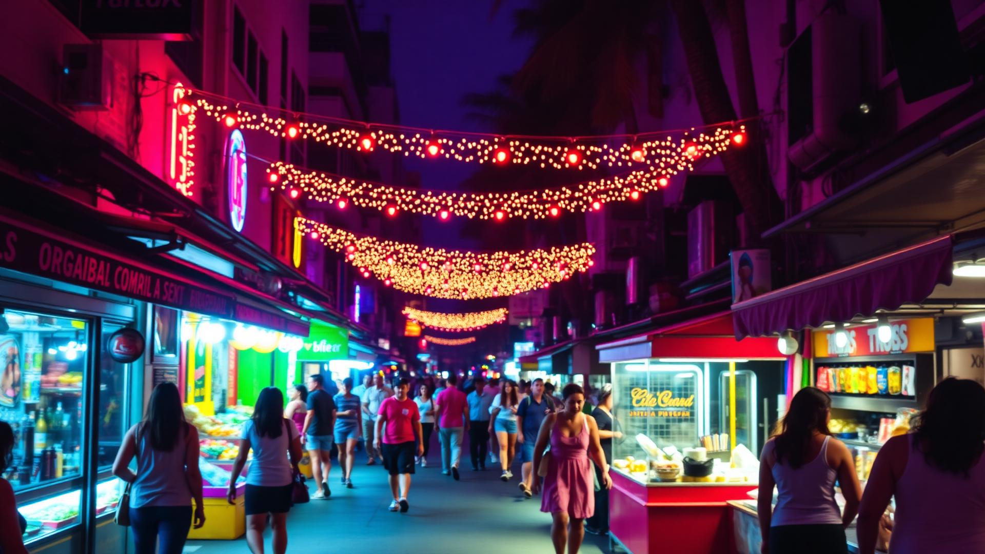 Rua movimentada de uma cidade brasileira à noite, com luzes e comércios abertos